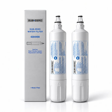 Two Sub-Zero 4204490 refrigerator water filter cartridges with original packaging displayed on a white background.
