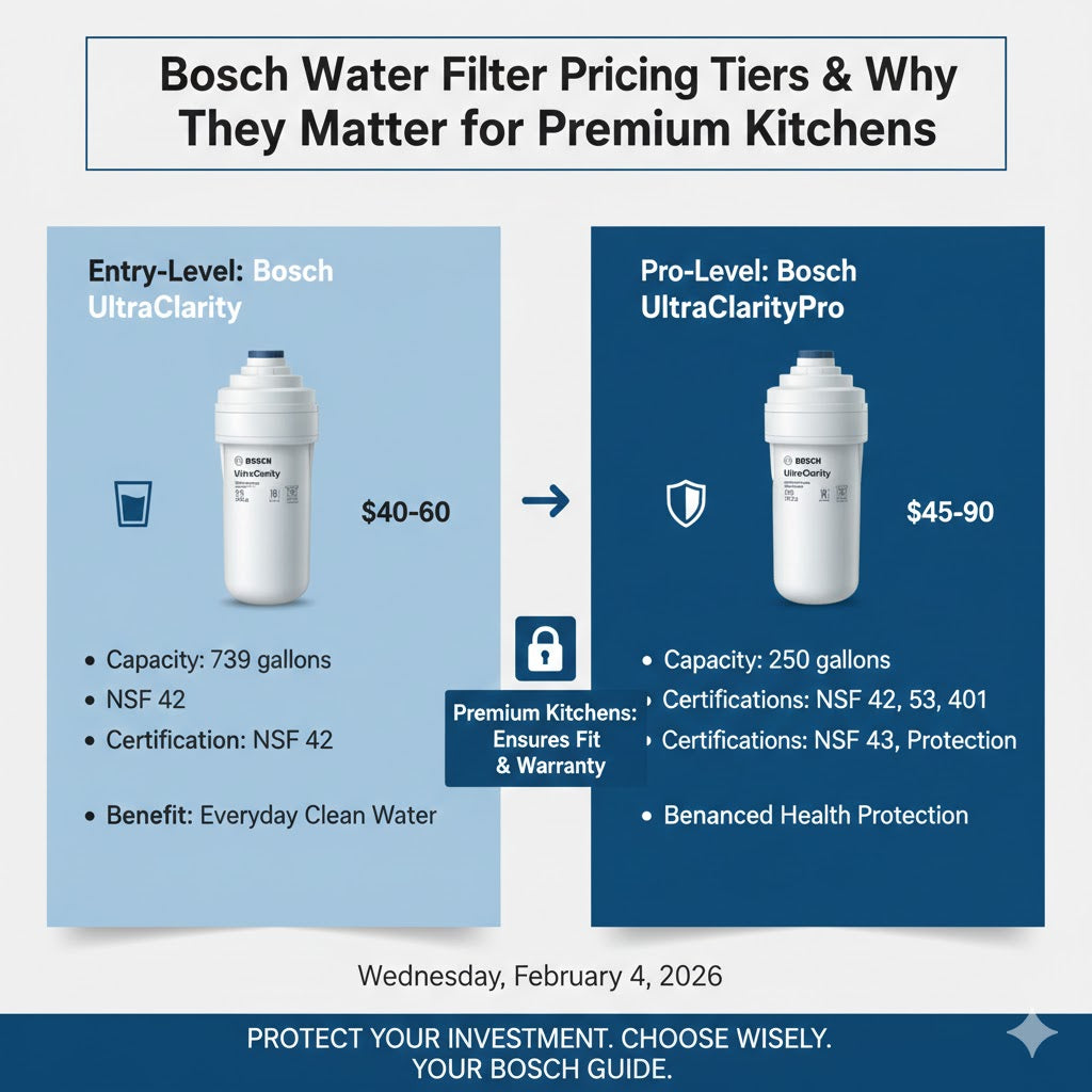 Comparing Bosch UltraClarity and UltraClarityPro filters? See pricing, filtration levels, and why genuine Bosch filters matter for high-end appliances.