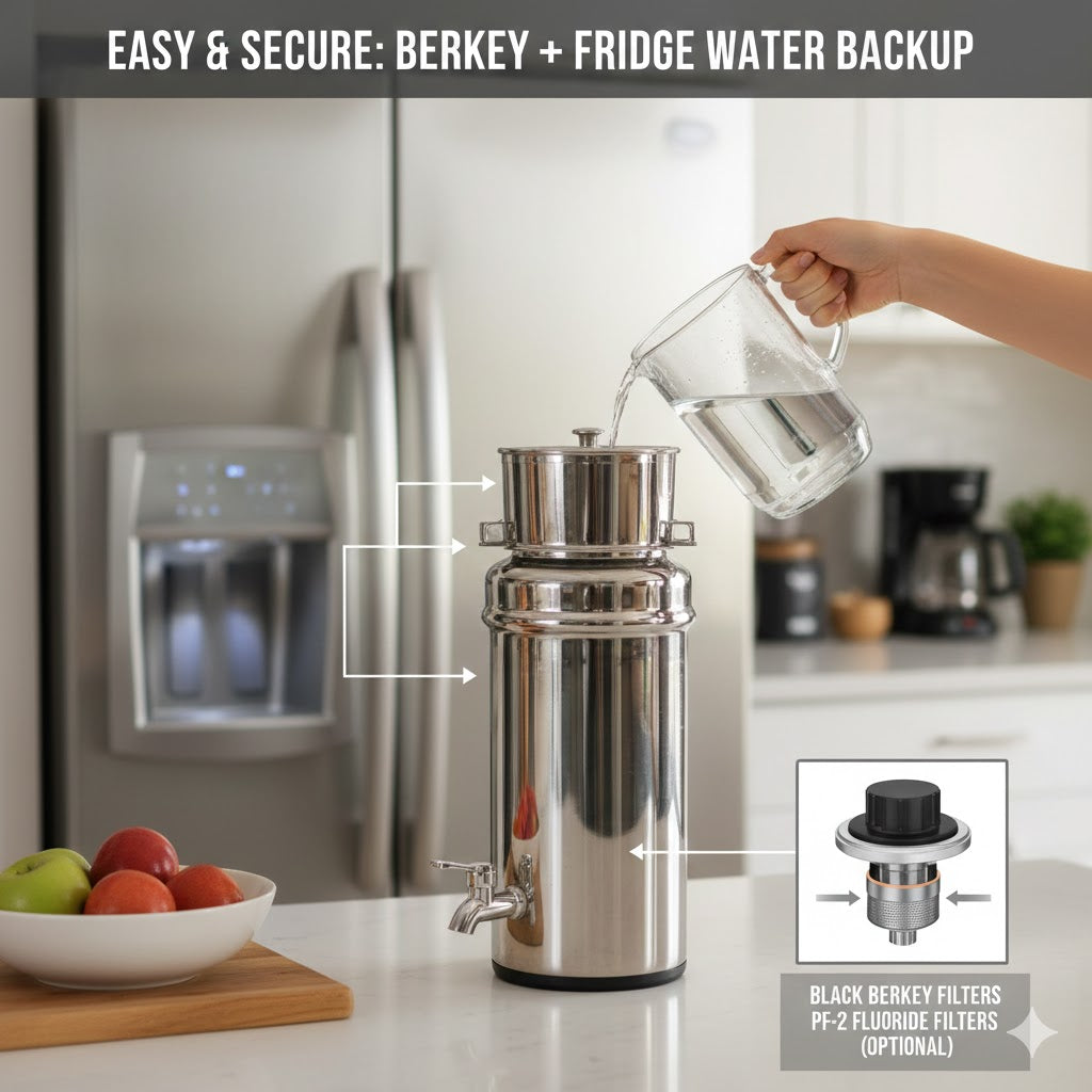 Set Up Berkey System with Fridge Water for Backup Supply