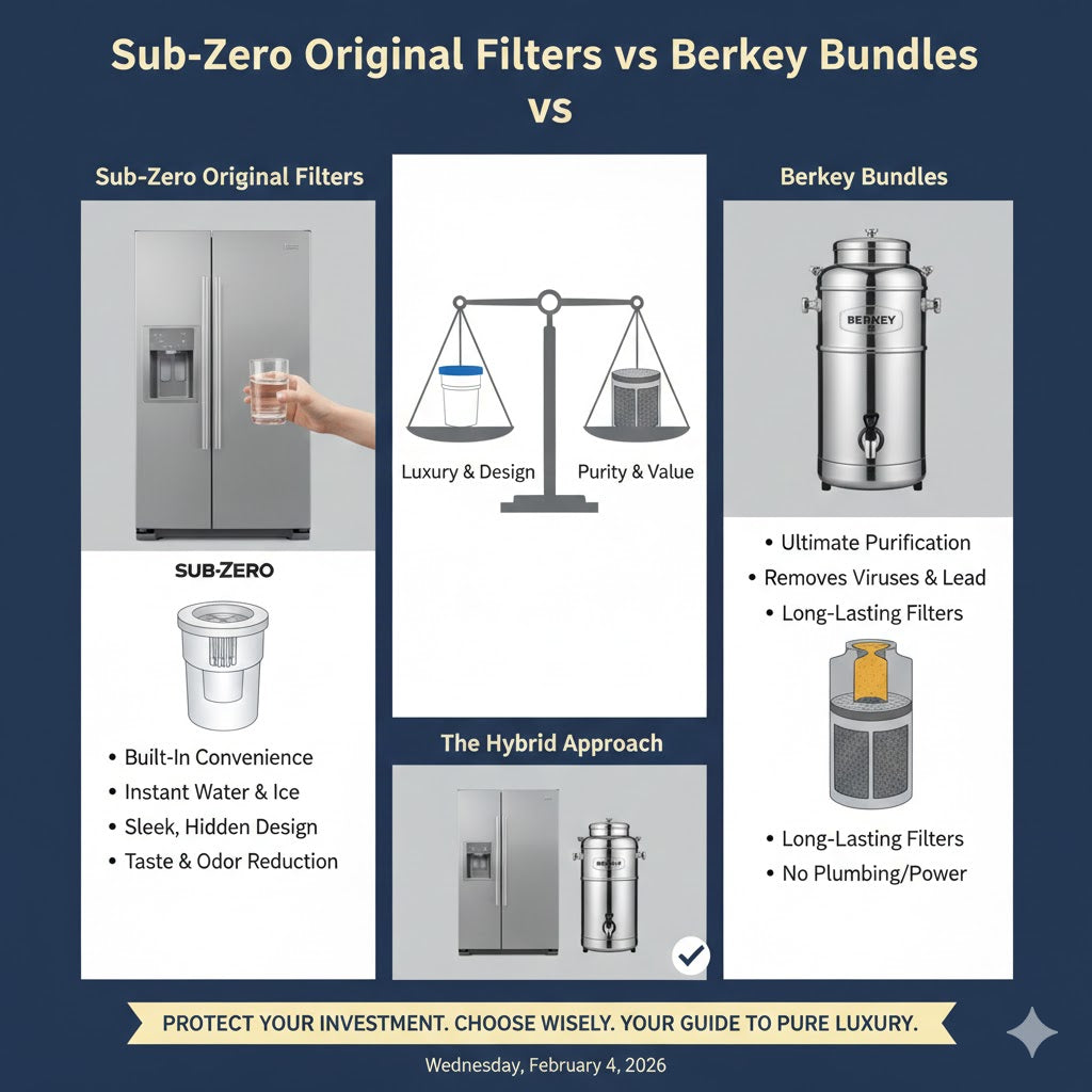 Luxury kitchen water guide: Sub-Zero offers seamless integration and instant ice/water, while Berkey delivers ultimate purification and long-term cost savings.