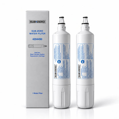 Two Sub-Zero 4204490 refrigerator water filter cartridges with original packaging displayed on a white background.