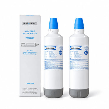 Two Pack Sub-Zero 7012333 UC-15 ice maker water filters beside a product box