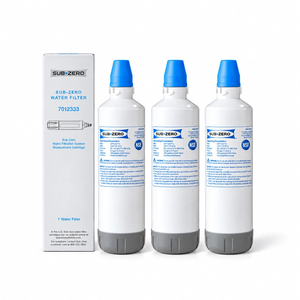 Three Pack Sub-Zero 7012333 UC-15 ice maker water filters beside a product box