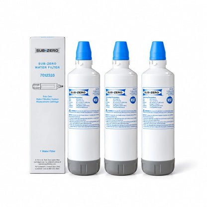 Three Pack Sub-Zero 7012333 UC-15 ice maker water filters beside a product box