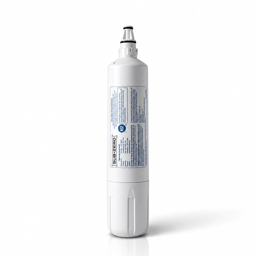 Sub-Zero 4204490 replacement refrigerator water filter cartridge with white housing and NSF-certified label on a white background.