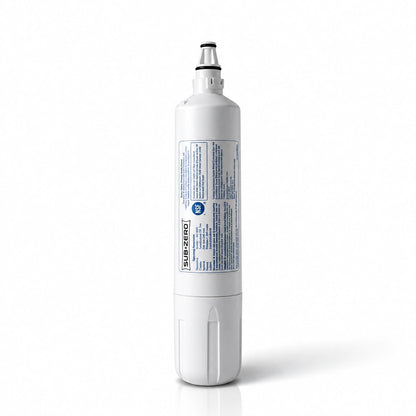 Sub-Zero 4204490 replacement refrigerator water filter cartridge with white housing and NSF-certified label on a white background.