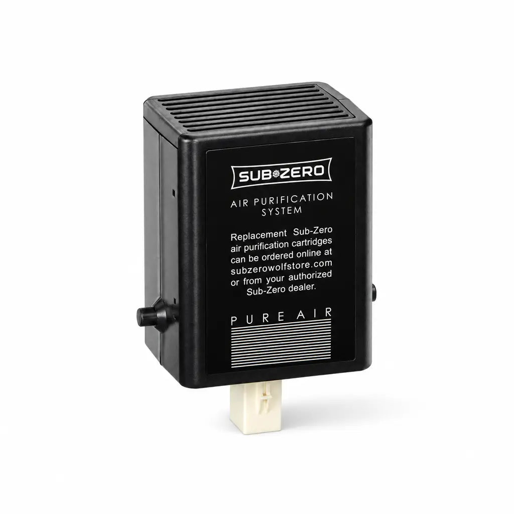 Angled view of a black Sub-Zero Pure Air purification cartridge