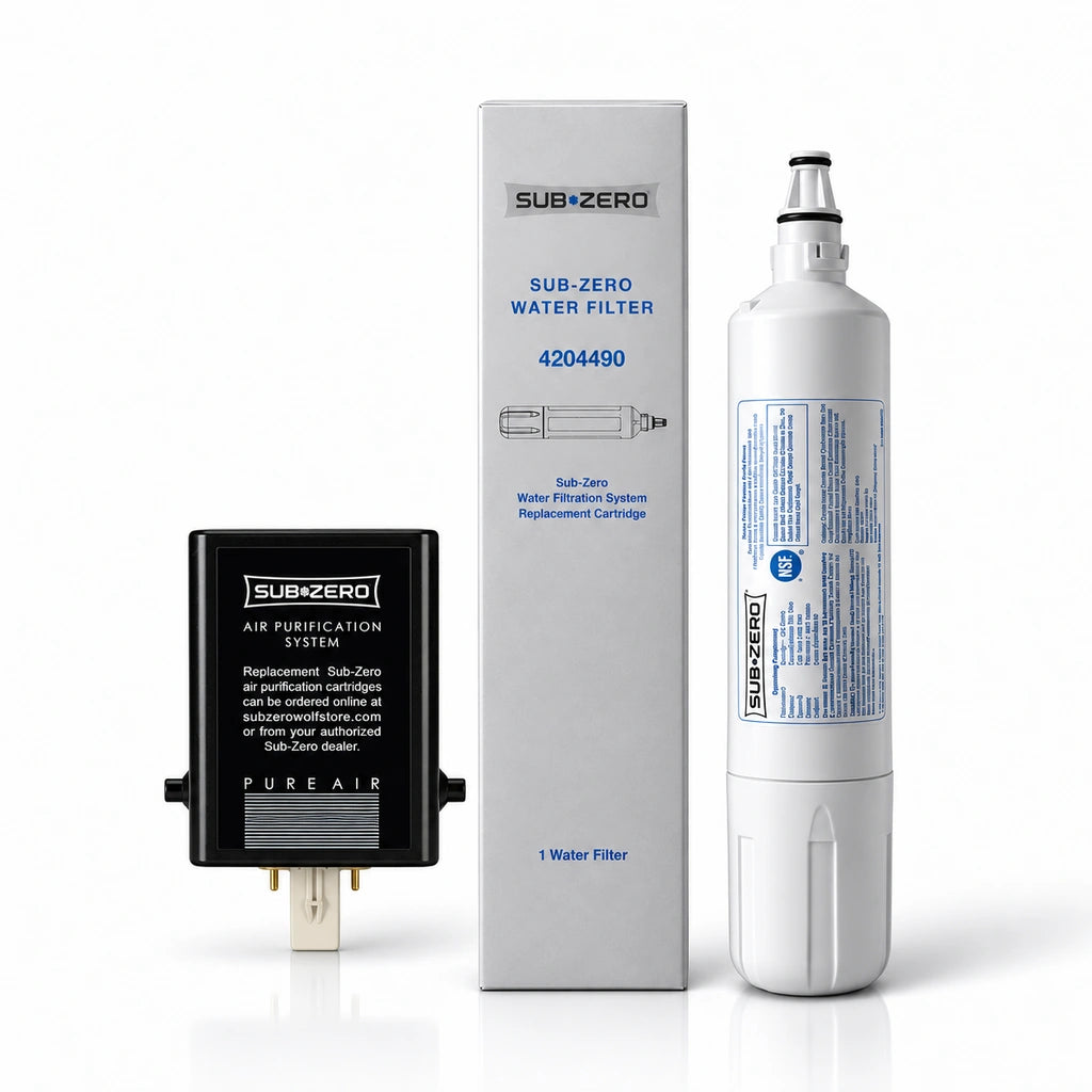 Sub-Zero 4204490 water filter and box beside a black Pure Air cartridge