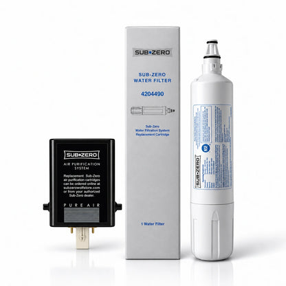 Sub-Zero 4204490 water filter and box beside a black Pure Air cartridge